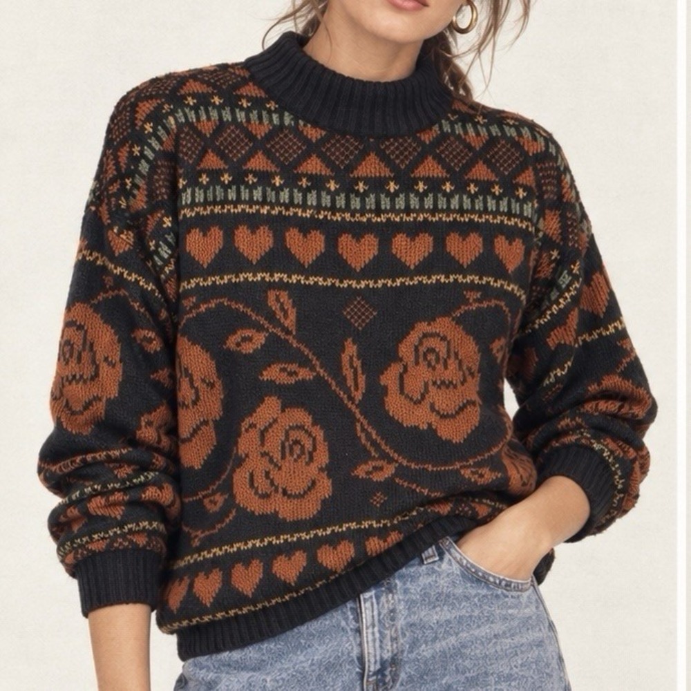 Vintage 80s 90s Fair Isle Floral Rose & Heart Knit Sweater Copper Black Sz S M